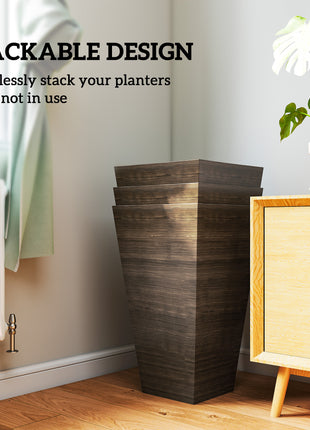 Set of 3 Tall Planters, 28" Outdoor Planter w/ Drainage Holes, Faux Wood Plastic Flower Pots, Brown