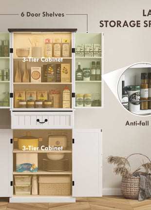 71" LED Kitchen Pantry Cabinet, Farmhouse Storage Cabinet with Door Shelves, Distressed White
