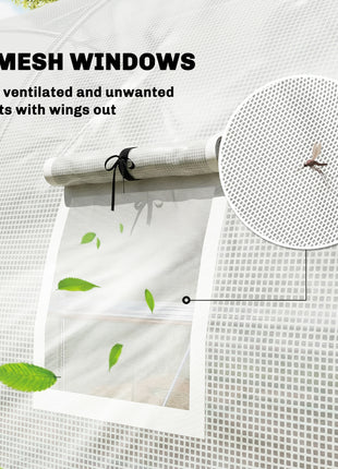 10'x11'x6' Walk-in Tunnel Greenhouse with Shelves, Mesh Door and Windows, Hoop House Greenhouse with PE Cover, White