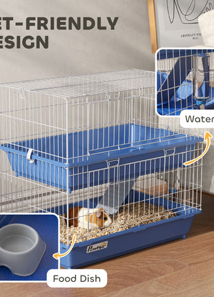2-Tier Guinea Pig Cage, Ferret Cage, Chinchilla Cage, Small Animal Cage Indoor with Dish and Bottle, 2 Doors, Deep Bottoms, Ramp, 28", Blue