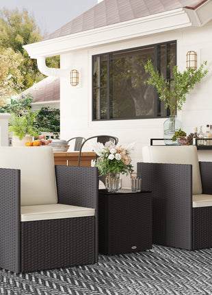 Folding Wicker Bistro Set, 3 Piece Patio Furniture Set with Cushions and Glass Coffee Table for Porch, Balcony, Brown