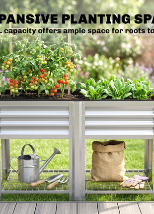 Raised Garden Bed Galvanized Steel, Elevated Planter Box with Storage Shelf, Bed Liner, 31.5" High, Silver