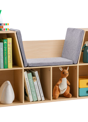 6-Cubby Kids Bookcase with Reading Nook and Cushion, Multi-Purpose Storage Organizer for Bedroom, Living Room, Natural