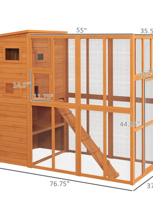 Wooden Outdoor Catio with Platforms, Asphalt Roof, Ramps, Natural
