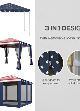 10' x 10' Outdoor Pop-Up Canopy with Sidewalls, Mesh Walls, Instant Setup for Party, Events, Patio, Lawn, American Flag