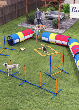 Dog Agility Training Equipment, 12-Piece Dog Obstacle Course with Adjustable Hurdle & Ring, 4 Tunnels, Weave Poles