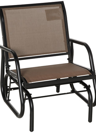 Porch Glider, Metal Frame Swing Glider Chair with Breathable Mesh Fabric, Curved Armrests and Steel Frame for Garden, Poolside, Backyard, Balcony, Brown