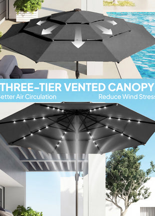 9.7 ft Outdoor Patio Umbrella with Solar LED Lights, 3 Tier Outdoor Table Umbrella with Tilt, Crank, Black
