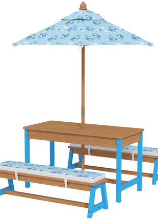 Kids Picnic Table Set with Foldable Umbrella, Removable Cushions & Boxes, Dinosaur Theme, Blue