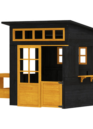 Outdoor Playhouse, Wooden Kids Playhouse w/ Picnic Table & Benches, Chalkboards, Half Door, Windows, for Kids Ages 3-8