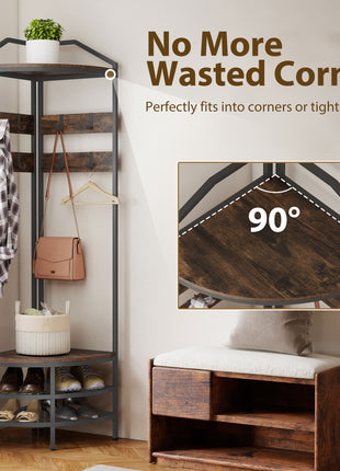 Corner Hall Tree, Industrial 4-Tier Coat Rack with Shoe Storage, 8 Movable Hooks and 2 Shelves for Hallway, Rustic Brown