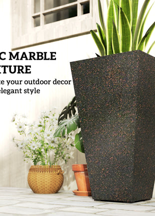 28" Tall Planters, Set of 3 Plastic Flower Pots with Marble Finish and Drainage Holes, Stackable Taper Planters, Brown