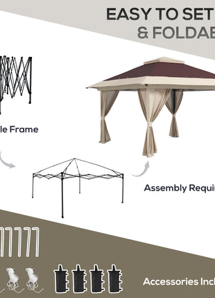 13' x 13' Pop Up Gazebo Instant Canopy Tent Shelter with 2-Tier Roof, Carry Bag, Wight Bags for Outdoor, Garden, Brown