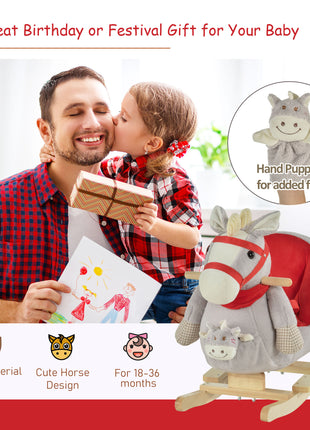 Kids Ride-On Rocking Horse Toy, Rocker with Lullaby Song, Hand Puppets & Soft Plush Fabric for Children 18-36 Months, Gray