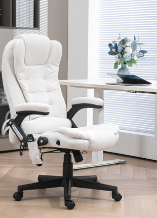 6 Point Vibrating Massage Office Chair with Heat, Linen High Back Massage Desk Chair with Reclining Backrest, White