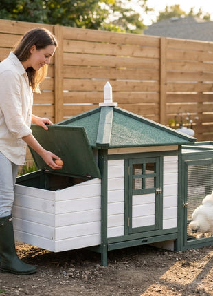 77" Wooden Chicken Coop Hen House Poultry Cage with Weatherproof Roof, Nesting Box, Enclosed Run and Removable Tray for Outdoor Backyard, Green