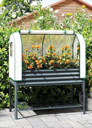 Galvanised Raised Garden Bed with Greenhouse Cover, Metal Elevated Garden Bed with Bed Liner, Bottom Shelf, Dark Gray