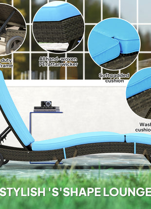 Patio Wicker Chaise Lounge Chair, Outdoor PE Rattan Sun lounger with Adjustable Backrest and 2 Wheels, Sky Blue