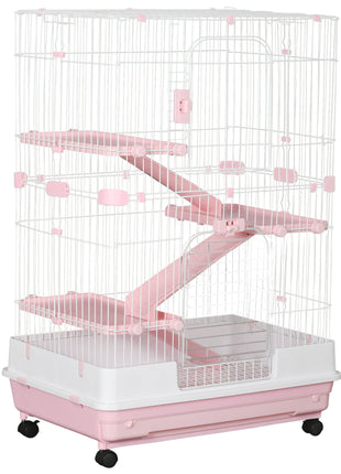 32"L 4-Level Small Animal Cage Rabbit Hutch with Wheels, Slide-out Tray for Bunny, Chinchillas, Ferret, Pink