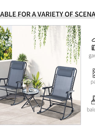 Outdoor Folding Rocking Chair Patio Table Seating Set, 2 Rocking Chairs with Armrests and 1 Side Table with Tempered Glass - Gray