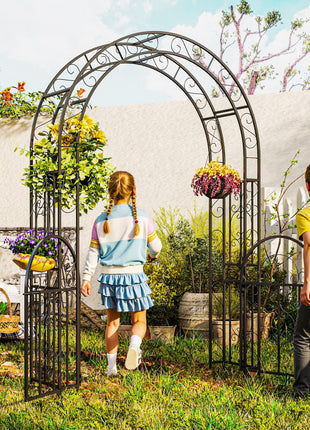7.4ft Steel Garden Arch with Gate, Garden Arbor Trellis for Climbing Plants, Roses, Vines, Wedding Arch Stand for Outdoor, Garden, Lawn, Backyard, Black