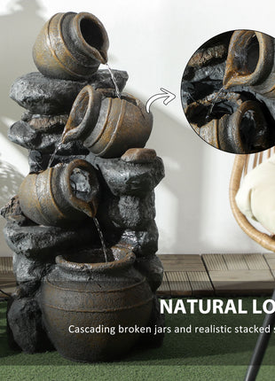 28.3" Solar Water Fountain, 4-Tier Resin Cascading Jars and Stacked Stones Outdoor Waterfall Fountain with LED Lights