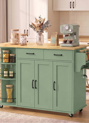 53" Kitchen Island with Power Outlet and Drop Leaf, Kitchen Cart on Wheels with 360° Rotating Rack, Sage Green