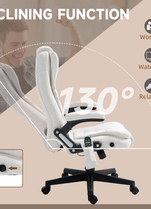6 Point Vibrating Massage Office Chair with Heat, Linen High Back Massage Desk Chair with Reclining Backrest, White