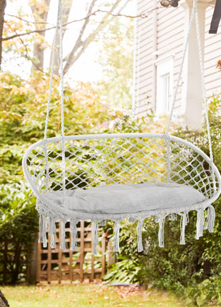 2-Person Hammock Chair Macrame Swing with Soft Cushion, Hanging Cotton Rope Chair for Indoor Outdoor Home Patio Backyard, Light Gray