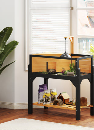 Wooden Tortoise Habitat with Storage Shelf, Tortoise Enclosure with Clear Windows, Openable Top, Lamp Holder, Yellow