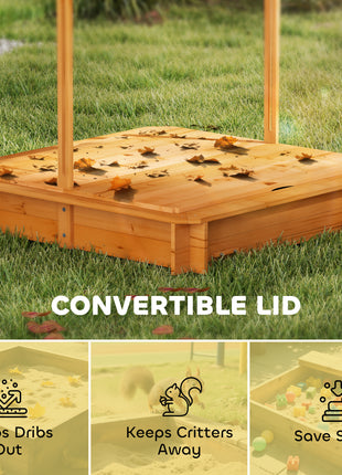 Wooden Kids Sandbox with Cover, Children Outdoor Sand Box with Foldable Bench Seats and Adjustable Canopy, Brown