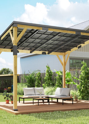 10' x 14' Wooden Gazebo, Hardtop Lean-to Gazebo Pergola with Galvanized Steel Sloped Roof, Bar Shelf, Natural Wood