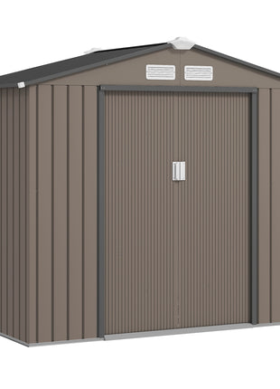 7x4 Storage Shed, Outdoor Garden Tool Shed with Foundation Kit, Vents & Sliding Doors for Backyard Patio, Brown