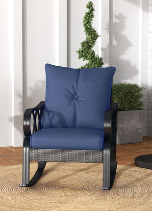 2 Piece Outdoor Wicker Rocking Chairs Rattan Porch Rockers with Cushions, Aluminum Frame for Garden, Patio, Blue