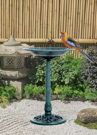 28'' Bird Bath Outdoor Resin Decor with Fleur De Lis Pattern, Time-Worn Finish