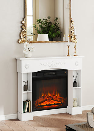 Baroque Fireplace Mantel, Freestanding Fireplace Surround with Leg for Electric Fireplaces, 45.3" W x 39.4" H, White