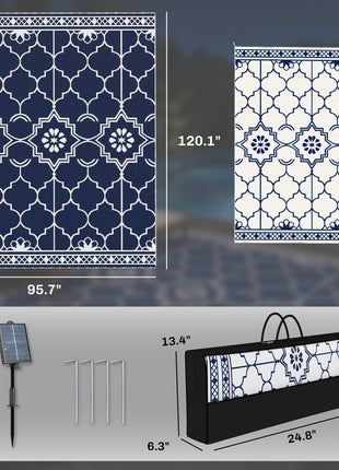 Reversible Outdoor Rug Carpet with LED Lights, 10' x 8' PP Straw Rug with Carry Bag and Ground Stakes