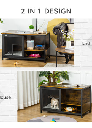 Wooden Cat Crate, Furniture Style Dog Cage, Puppy Kennel Indoor, End Table Pet House with Cushion and Sliding Doors, Rustic Brown