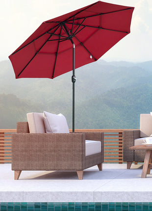 9FT 3 Tiers Patio Umbrella Outdoor Market Umbrella with Crank, Push Button Tilt for Deck, Backyard and Lawn, Wine Red