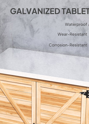 Wooden Storage Cabinet, Outdoor Prep Table w/ Metal Tabletop, Shelves and Double Doors for Patio, Garden, Natural Wood