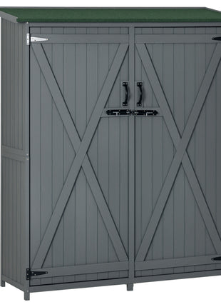 Outdoor Storage Cabinet Wooden Garden Shed Utility Tool Organizer with Waterproof Asphalt Rood, Lockable Doors, 3 Tier Shelves for Lawn, Backyard, Gray