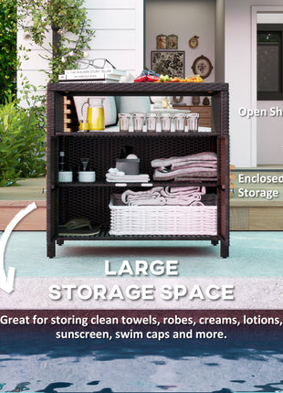 Outdoor Storage Cabinet with Acacia Wood Top, Two Doors, Shelf, Wicker Bar Table for Pool Towel Storage, Brown