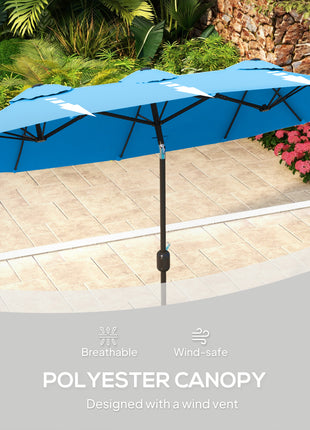 Double-sided Patio Umbrella, 9.5' Outdoor Umbrella with Push Button Tilt and Crank, 3 Air Vents and 12 Ribs, Cyan Blue