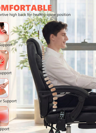 6 Point Vibration Massage Office Chair, PU Leather Heated Reclining Computer Chair with Footrest, Black