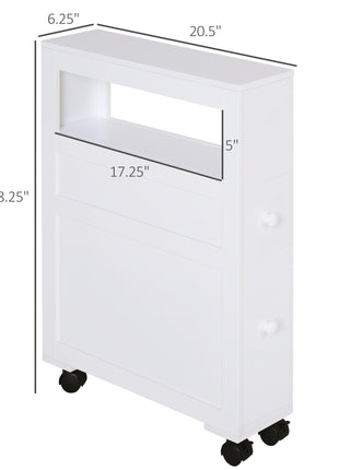 6.25" x 20.5" x 28.25" Wood Rolling Narrow Bathroom Side Storage Cabinet - White