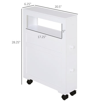 6.25" x 20.5" x 28.25" Wood Rolling Narrow Bathroom Side Storage Cabinet - White