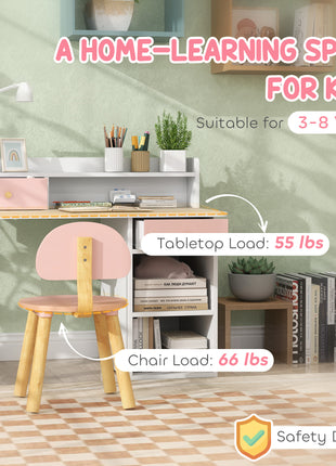 Kids Study Desk with Storage, Kids Desk and Chair Set for Bedroom & Study Room, Girls Boys Aged 3-8 Years, Pink
