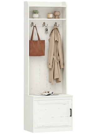 Narrow Hall Tree with Shoe Storage Bench, Rustic Entryway Bench with Coat Rack, Accent Coat Tree with Storage Shelves for Hallway, Mudroom, White Wood Grain