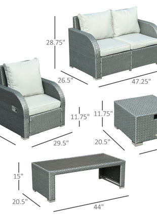 6-PCs Patio Furniture Sets Outdoor Wicker Sofa Set Rattan Angle Adjustable Recline Single Chair Conversation Set, Ottomans, w/ Polyester Tea Table Gas Spring  & Soft Washable Cushions, Grey