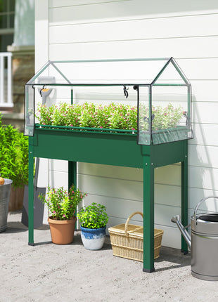 Elevated Garden Box with Greenhouse Cover, Raised Garden Bed with Legs and Drainage Hole for Vegetables, Green